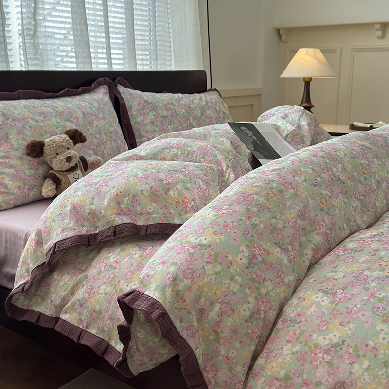 复古浪漫花海双层纱皱皱花边床上四件套纯棉100%全棉被套床单床笠
