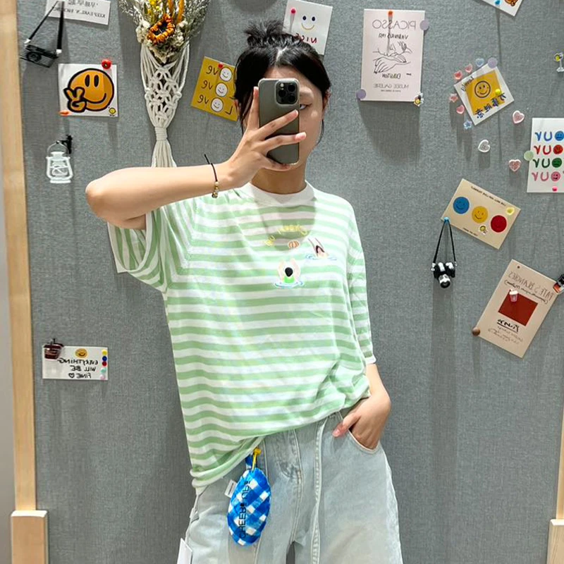 CHEER UP UNIFORM设计师品牌25秋季新款海上排球绿白条纹短袖T恤