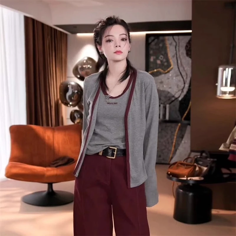 时髦减龄套装女春季新款高级感拼色背心气质感百搭长袖外披两件套