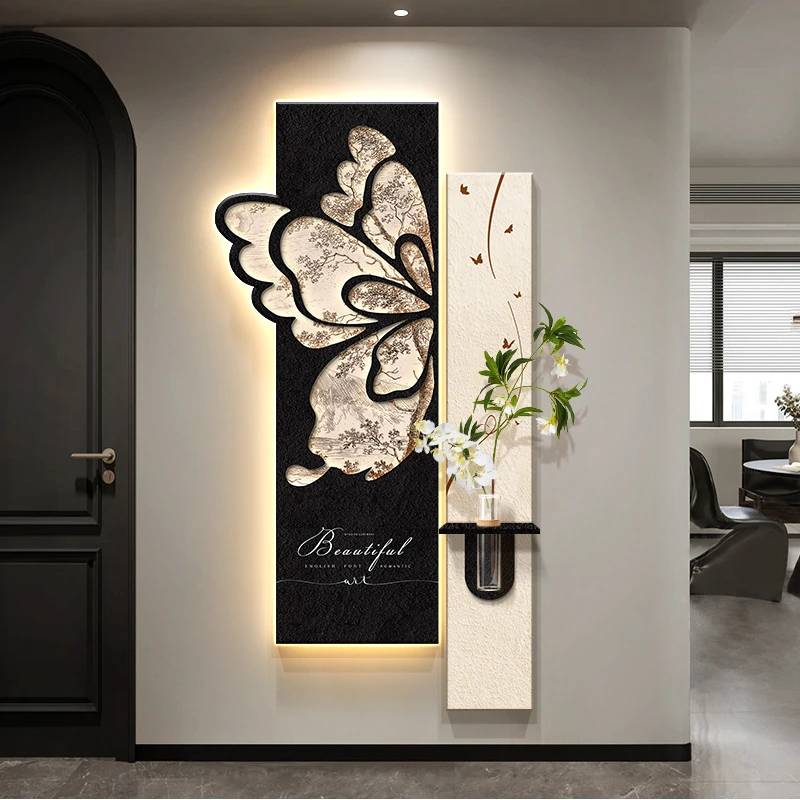 中古风玄关蝴蝶装饰画2025新款走廊尽头挂画入户正对门高级感壁画