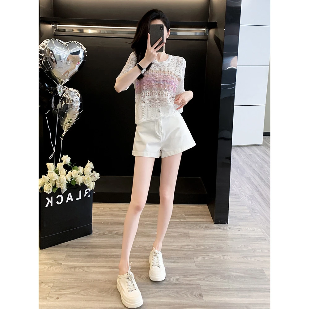 短袖镂空针织衫女夏季减龄白色高腰牛仔裤套装棉质日韩休闲风薄款