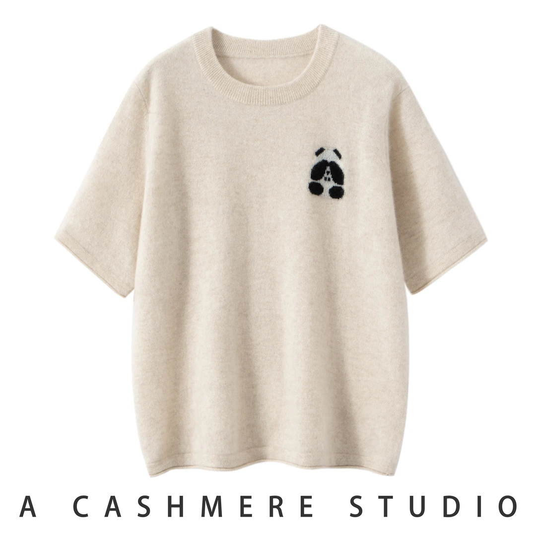 重磅秋冬新品女士100%山羊绒圆领羊绒衫短袖提花打底衫百搭休闲