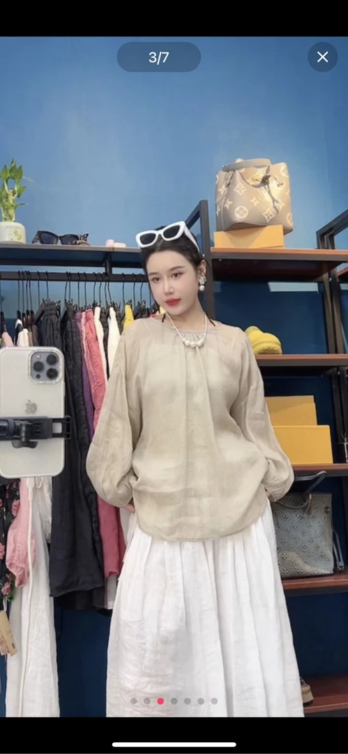 苎麻圆领灯笼袖套头上衣