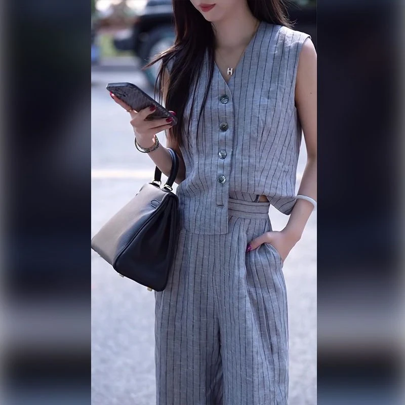 夏季新款减龄时尚条纹背心高腰阔腿裤