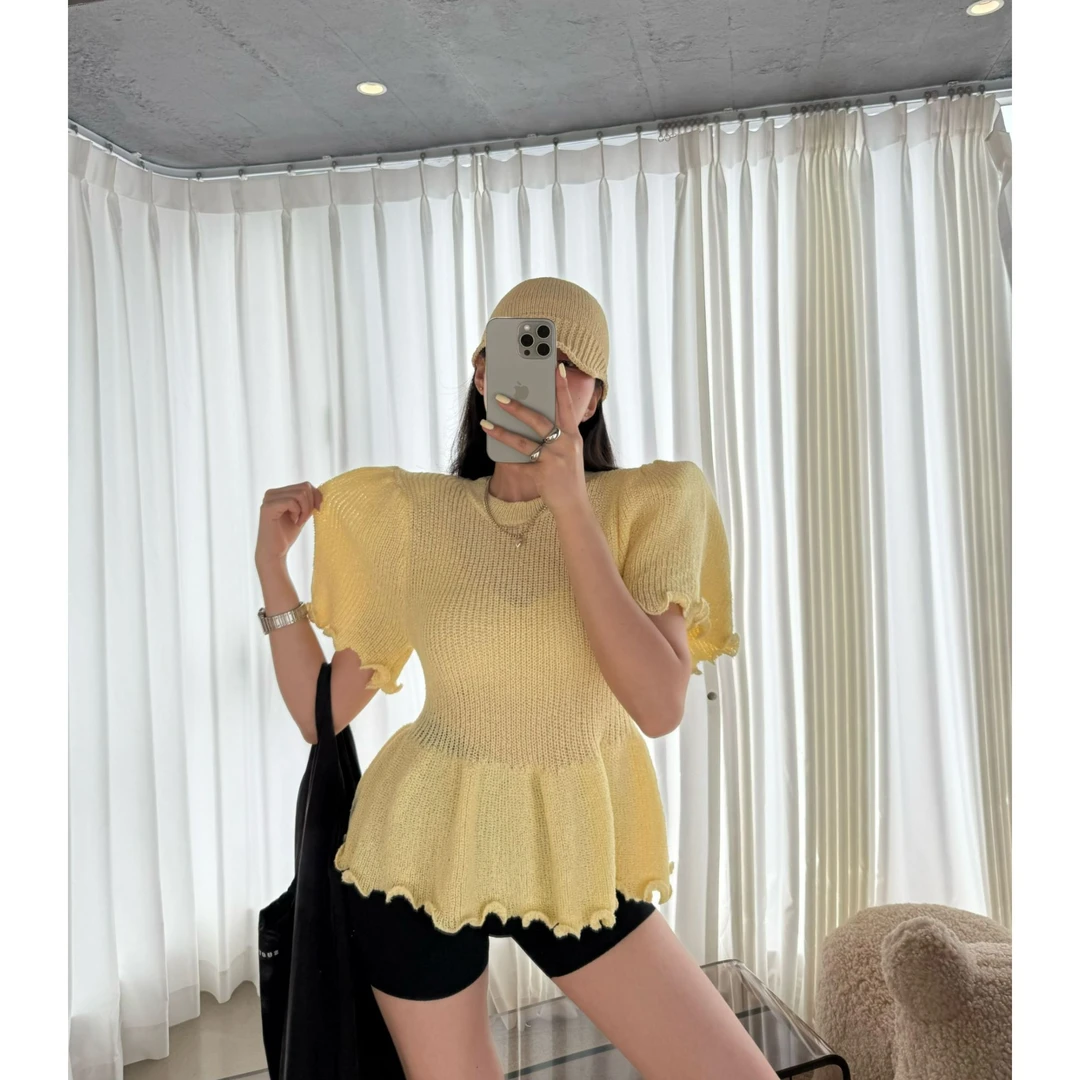 【夏日滤镜】泡菜定制显白显瘦波浪边收腰针织上衣