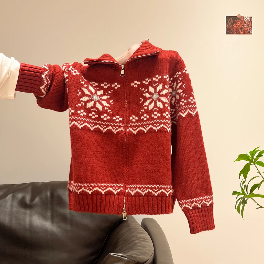 小婉薇红色费尔岛提花外套新年穿搭毛衣女2026秋冬加厚双拉链上衣
