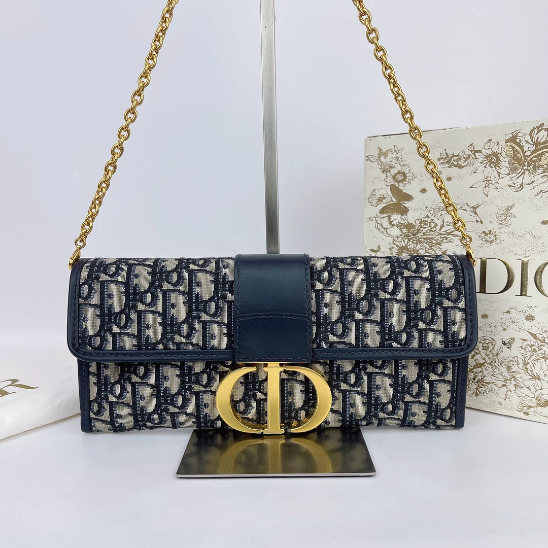 95新 DIOR/迪奥 迪奥 蓝色老花链条斜挎包底长27 G059