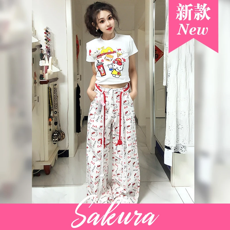 2025新款白色kitty印花阔腿牛仔卡通可爱宽松慵懒显瘦直筒裤高腰