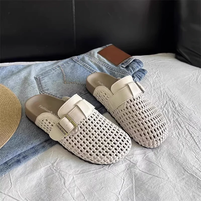 镂空编织透气包头半拖鞋女2025夏季新款博肯鞋外穿休闲懒人凉鞋