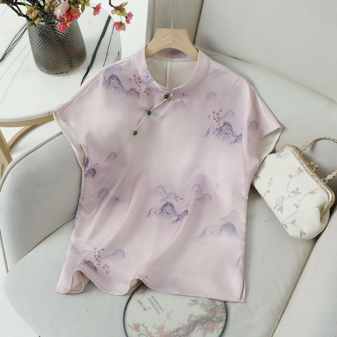 国风薄款短袖新中式立领衬衫缎面提花上衣夏季改良时尚唐装132-2