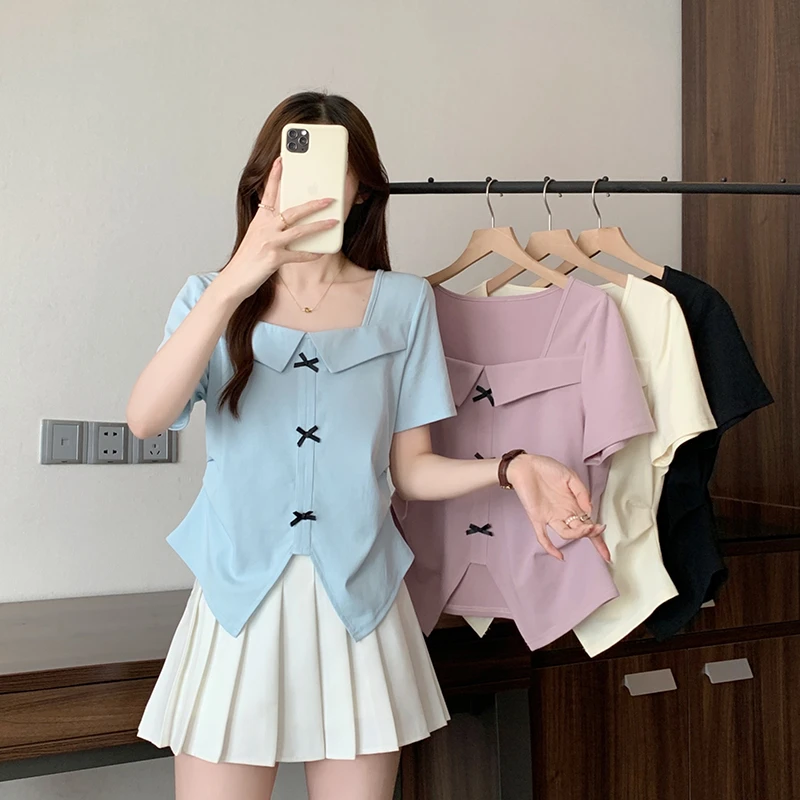 2025夏装新款胖mm大码女别致方领立体蝴蝶结不规则短袖T恤 A1116