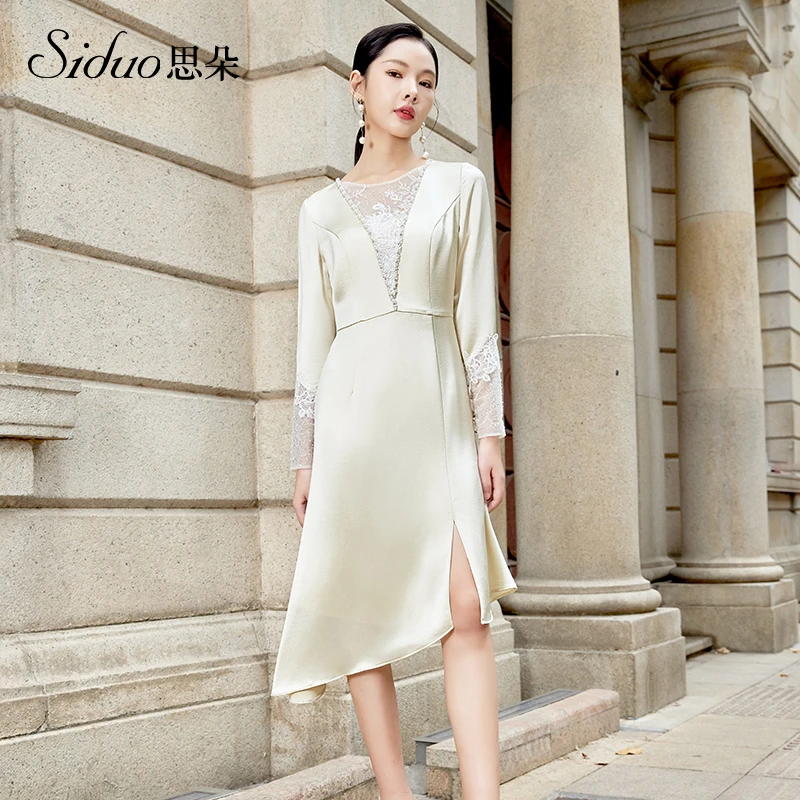 S23188长款蕾丝拼接礼服裙女喜婆婆刺绣高腰法式长袖宴会连衣裙