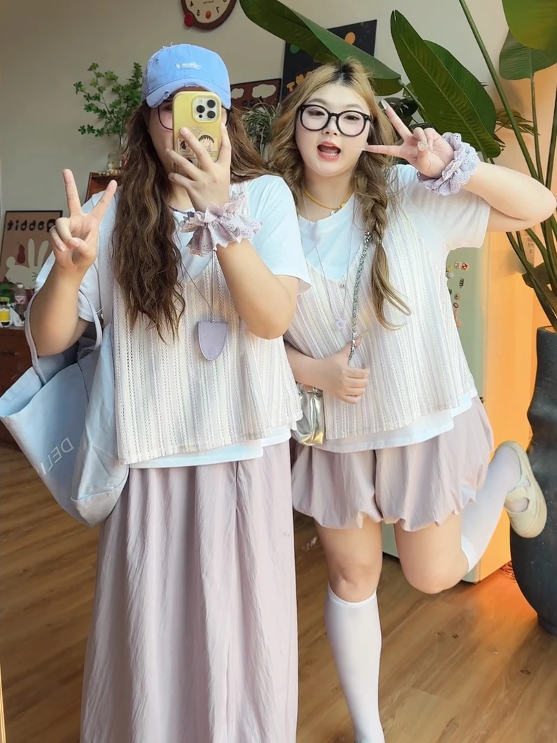 6429大码女装条纹两件套短袖T恤吊带上衣套装夏季新款潮流设计感