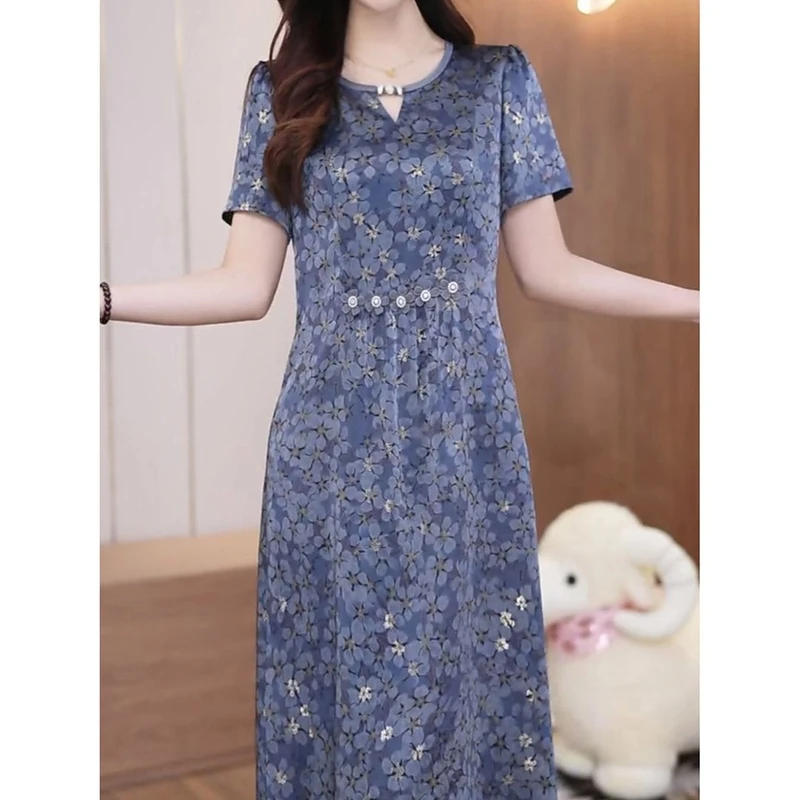 时尚洋气优雅高级感印花连衣裙女2025夏季修身显瘦减龄中长款裙子
