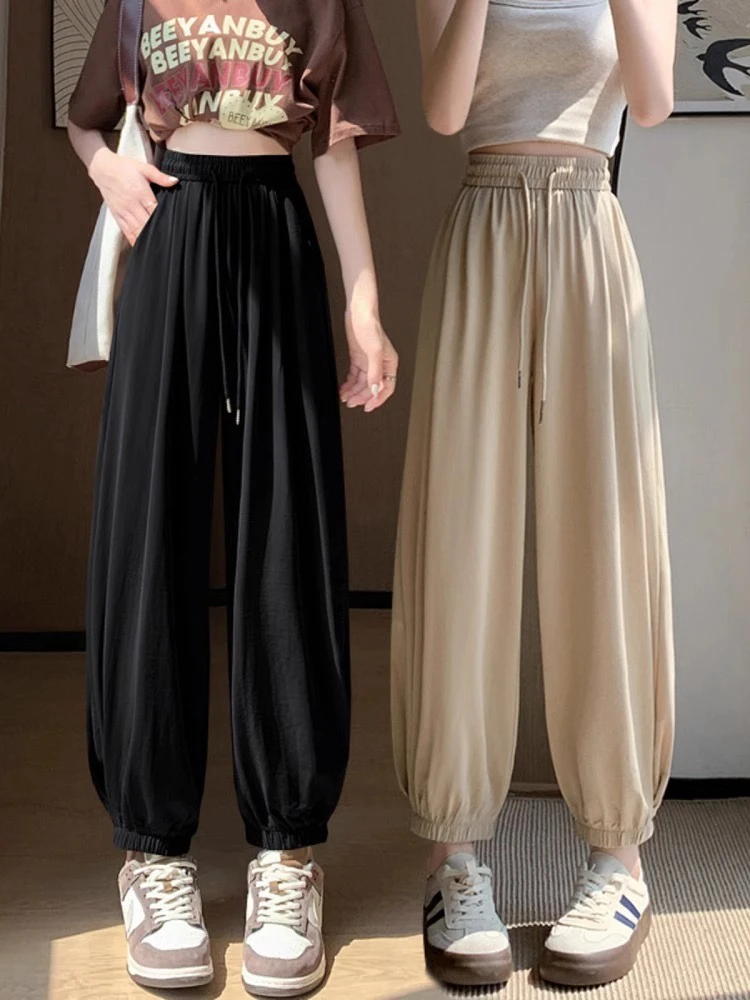 大码胖mm冰丝运动裤女夏季薄款新款束脚防蚊裤防晒凉凉灯笼裤