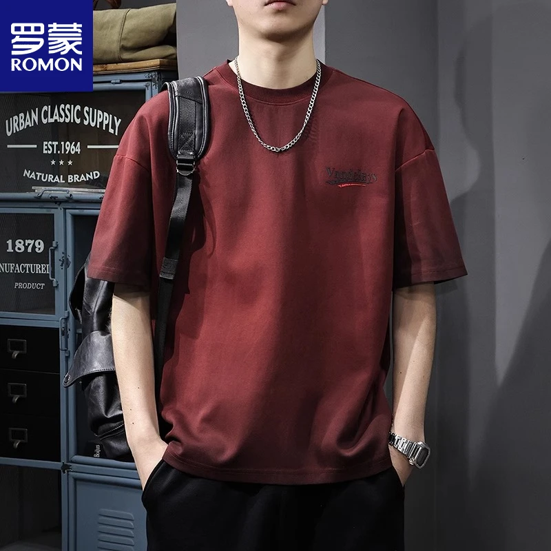 罗蒙青年潮牌印花红色男士短袖t恤薄款夏季重磅水洗半袖体恤上衣