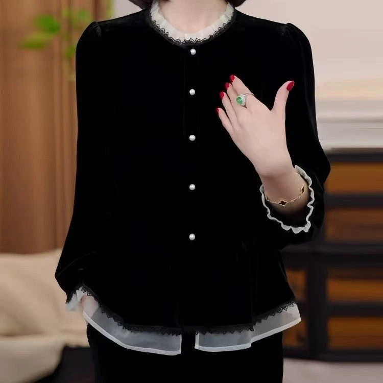法式复古小众显瘦上衣秋冬新款拼接花边领假两件荷叶边宽松丝绒衫