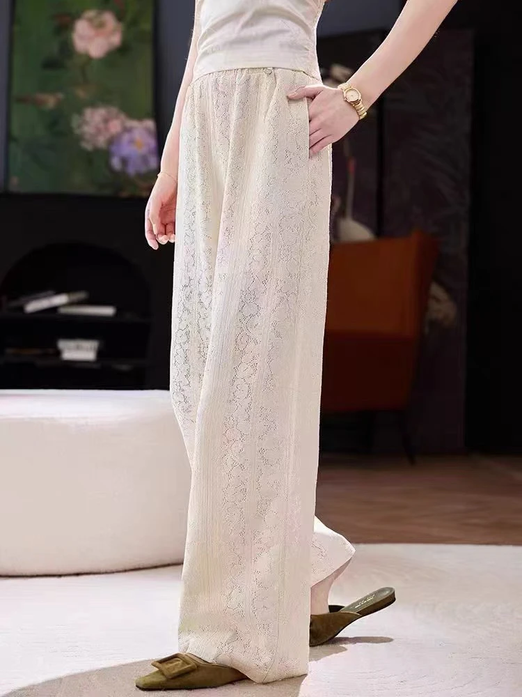 欧货蕾丝休闲阔腿裤女2025春夏新款时尚高端洋气百搭直筒长裤