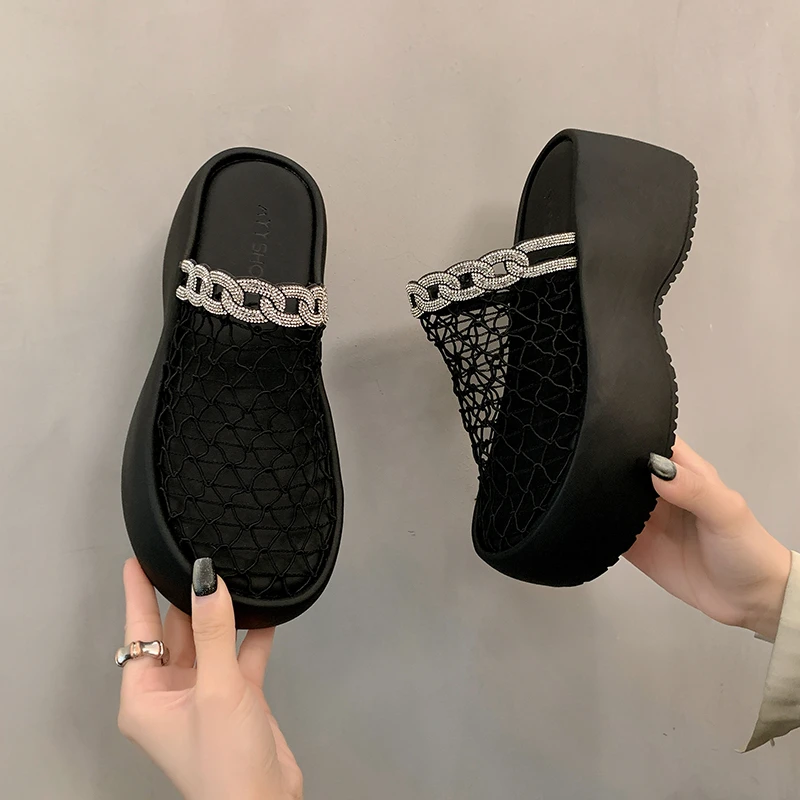 松糕厚底透气网纱包头半拖鞋女夏外穿2025新款爆款渔网鞋镂空凉拖