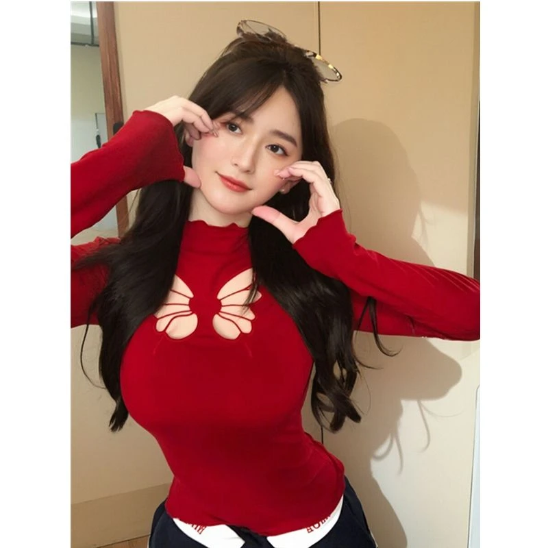 辣妹蝴蝶结长袖T恤女春秋季设计感小众修身显瘦镂空打底衫上衣ins