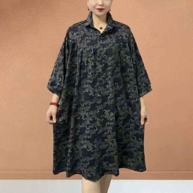 中年妈妈时尚花色连衣裙2025新款大码女装遮肉显瘦中长款休闲裙子