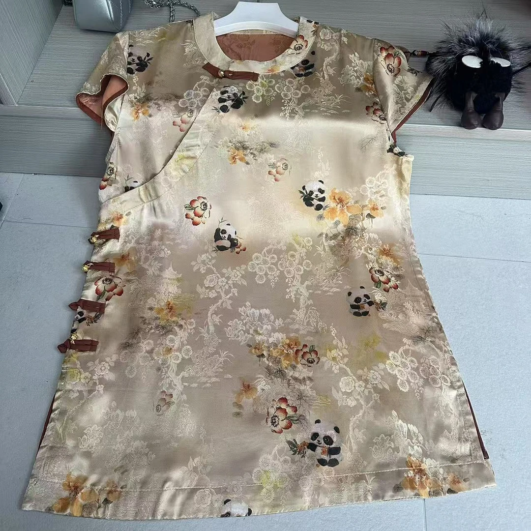 202500081中式【熊猫】薄款斜襟中长款飞袖圆领立领上衣