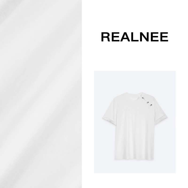 REALNEE【三秋竹叶蝶】新中式极简T恤斜扣设计温婉舒适主义03119