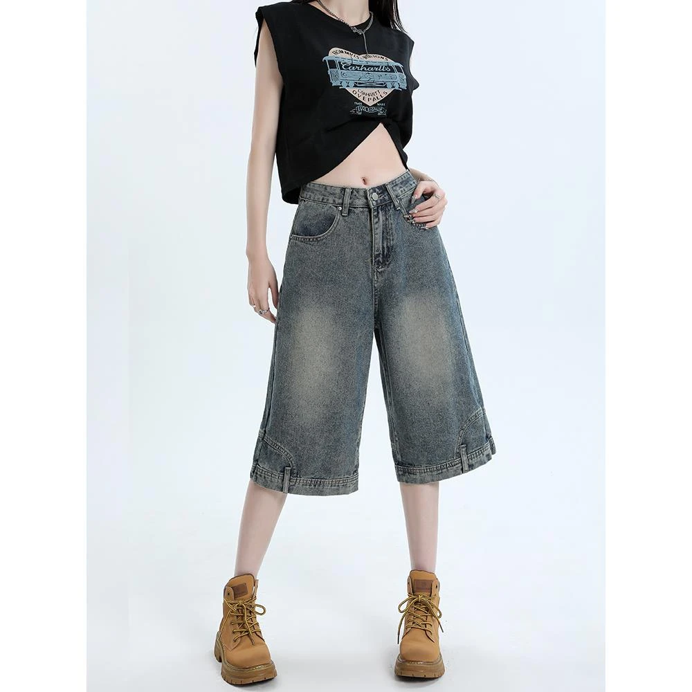 美式高街复古阔腿六分牛仔裤女夏季薄款高腰宽松显瘦直筒五分中裤