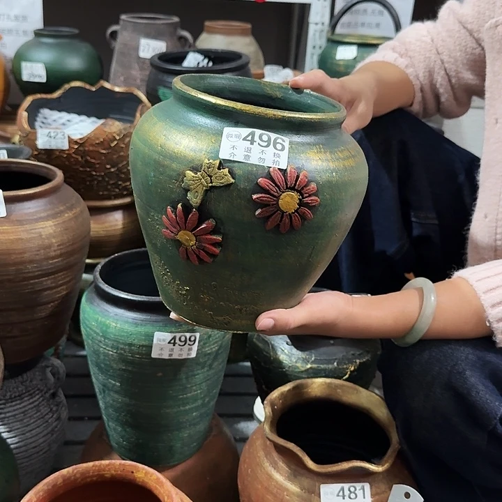 瑕疵金绿坛子496高度20口径14