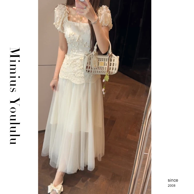 【mimius】U 白玉兰～重工千金感立体花朵泡泡袖拼接连衣裙 G06308