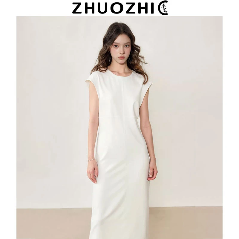 [卓芝]极简风纯色圆领直筒连衣裙2025夏季新款收腰显瘦百搭裙子
