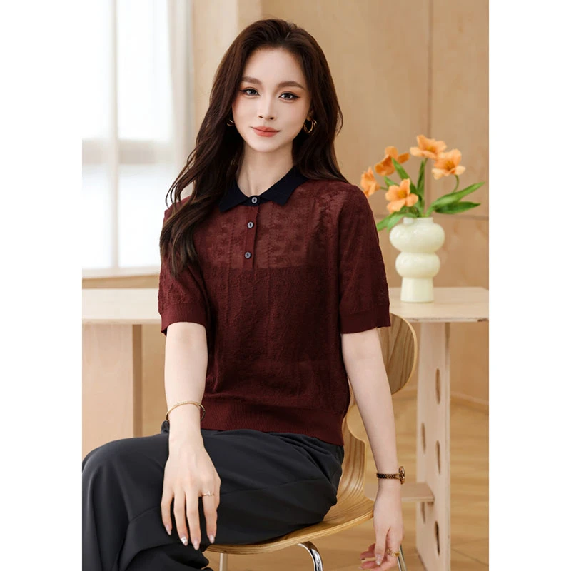 【香嘉怡新品】XJYE369946女士上衣绵羊毛翻领套头短袖针织衫夏季