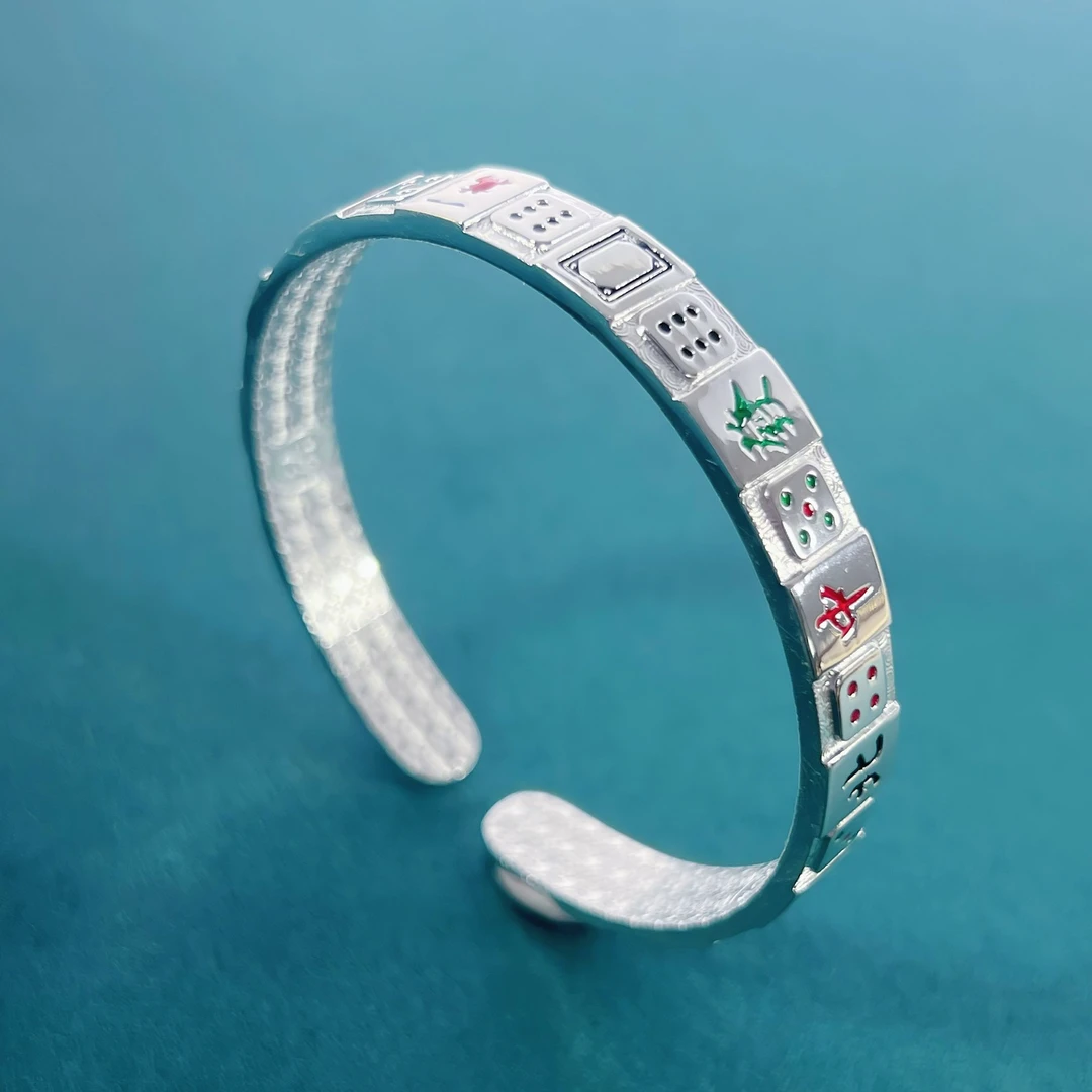 足银手镯 古法珐琅彩麻将999足银手链/手镯十三幺手串