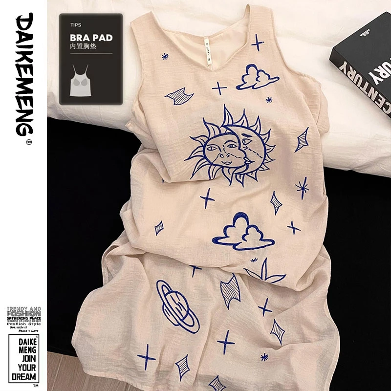 韩版高级感少女太阳花无袖背心睡裙女带胸垫可外穿休闲居家连衣裙
