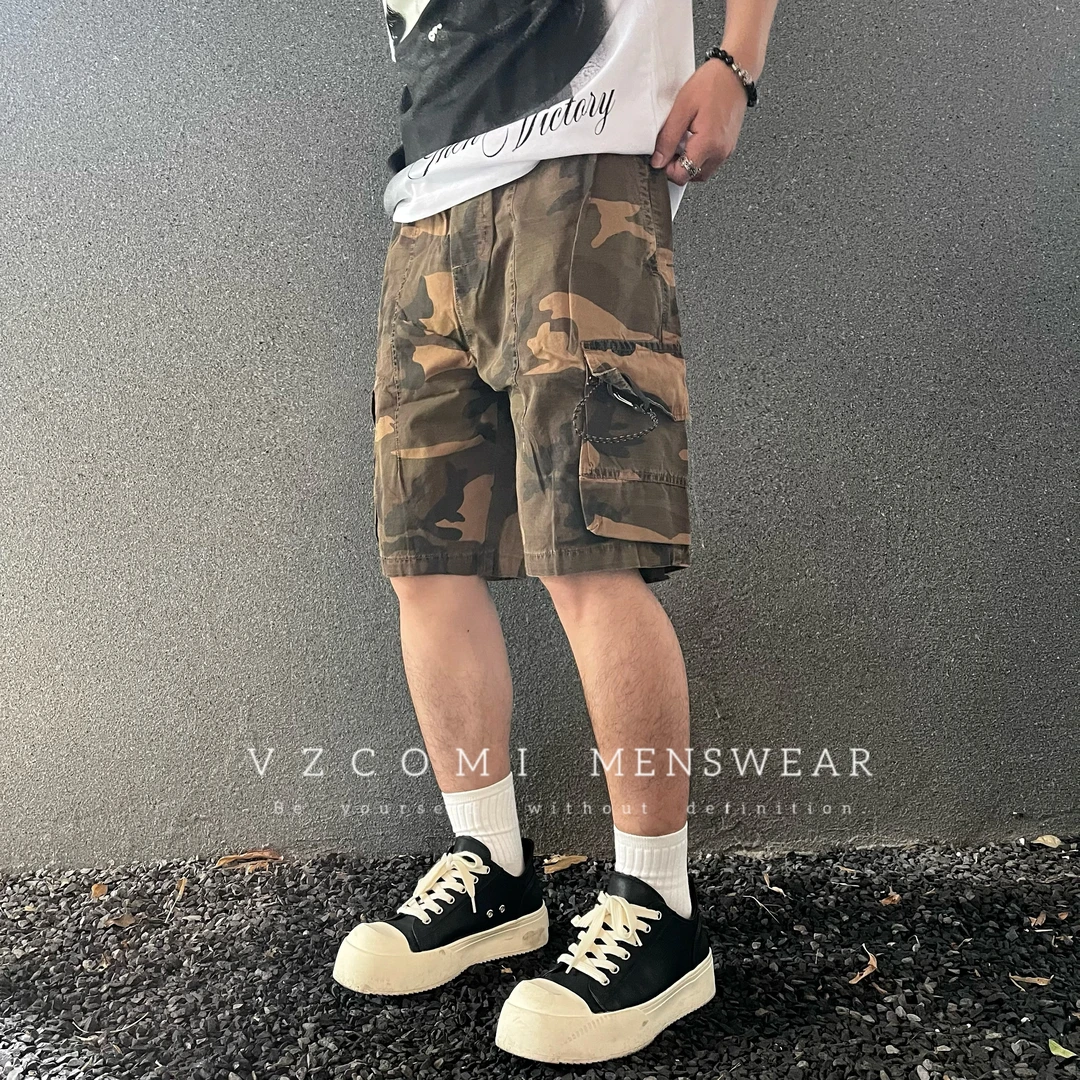 高端美式巴黎风工装迷彩短裤男夏季宽松休闲多口袋五分裤潮流中裤