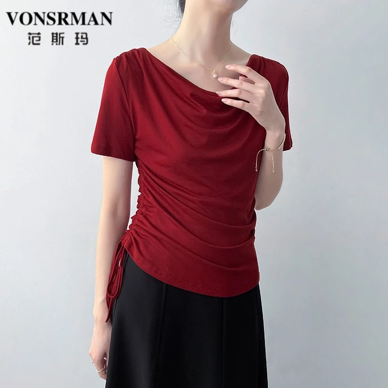 范斯玛抽绳设计感气质简约短袖t恤女夏季新款纯色圆领莱赛尔上衣