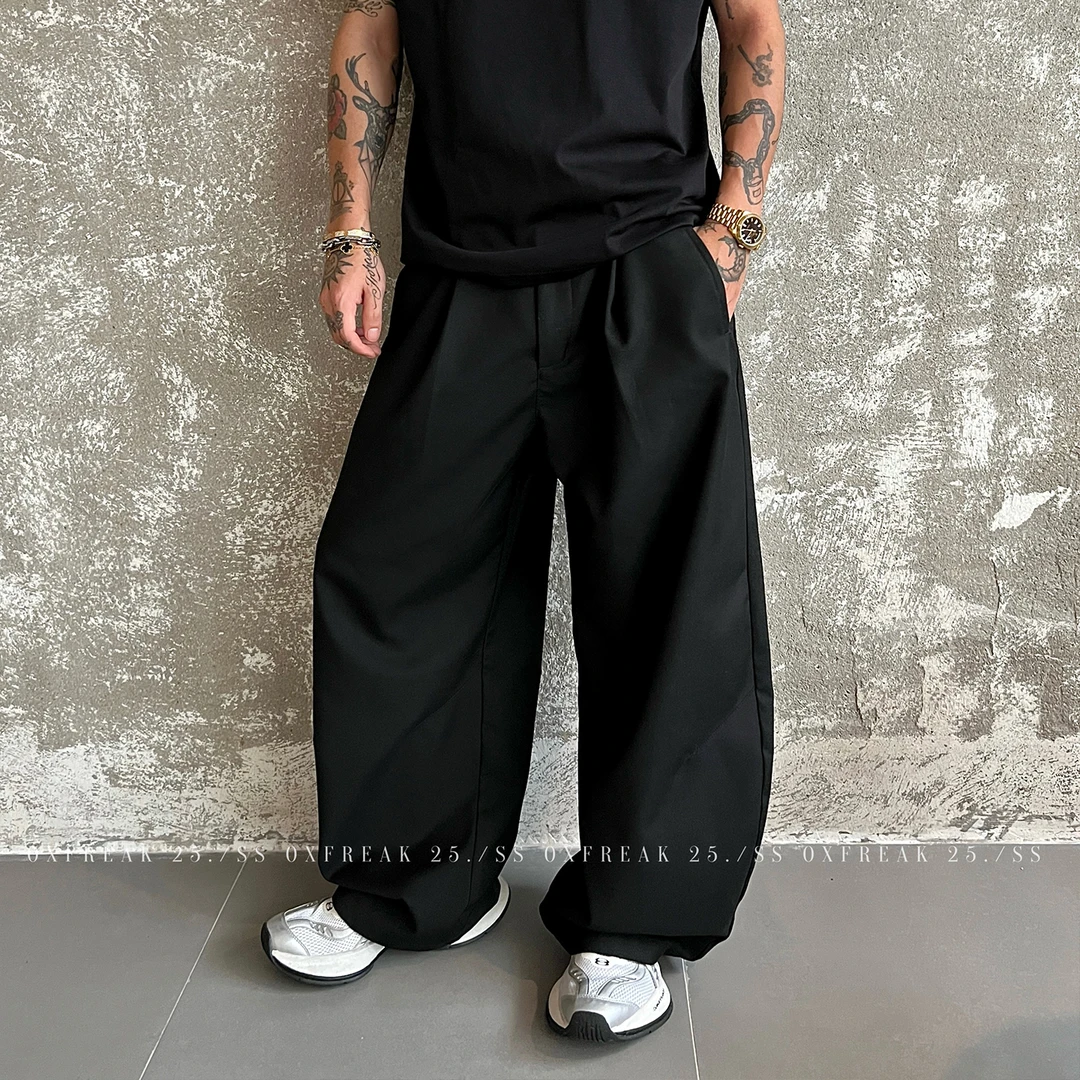 OXFREAK「那不勒斯褶 TR混纺」黑色休闲裤男垂感阔腿宽松弯刀西裤
