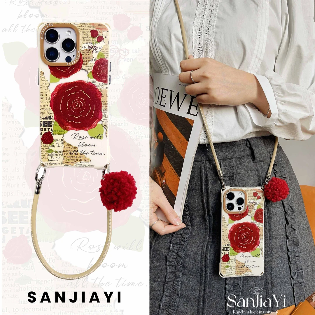 创意报纸玫瑰mate70四角开孔手机壳斜挎挂绳适用荣耀苹果小米华为