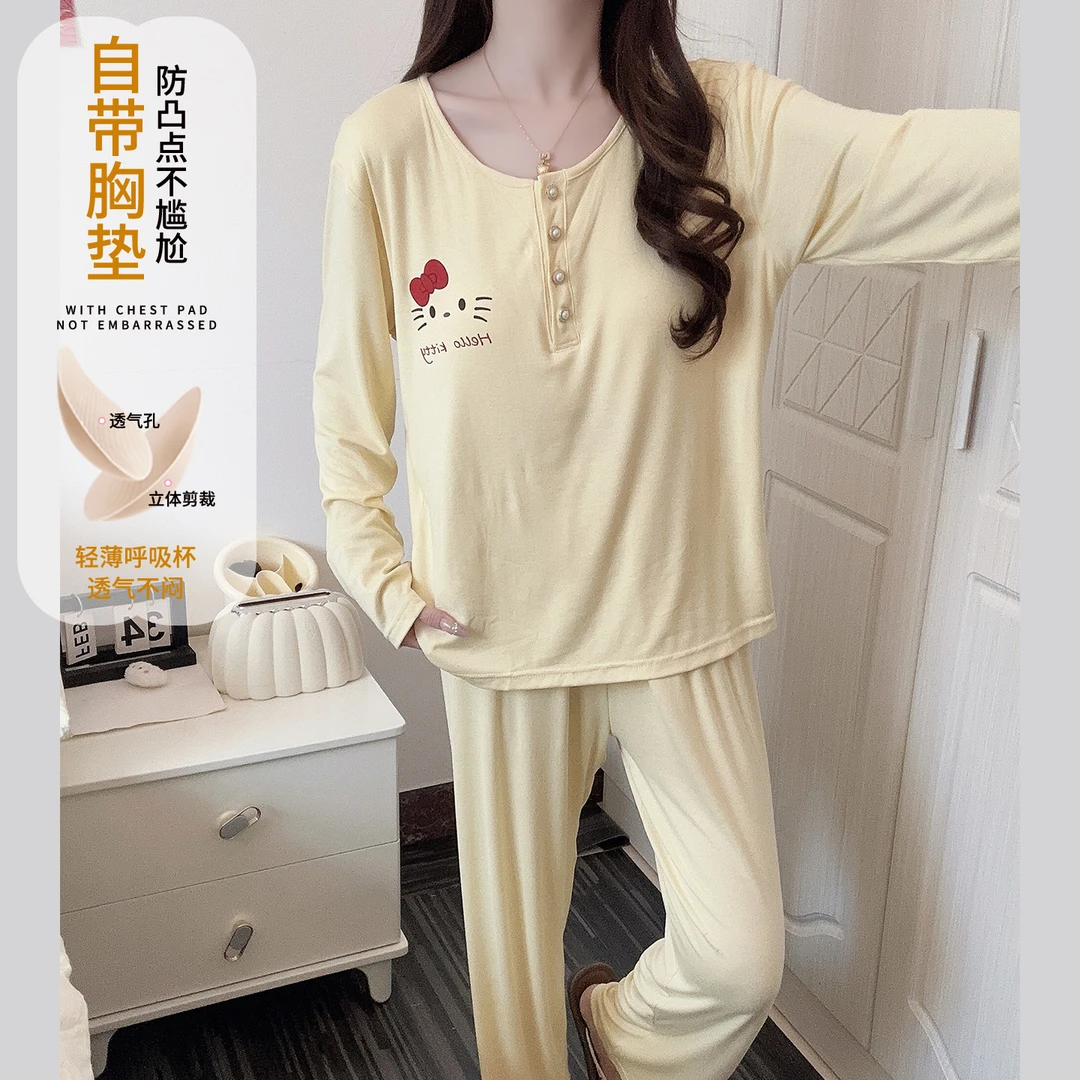 带胸垫睡衣女春秋季长袖莫代尔甜美KT猫套装冬天简约学生家居服薄