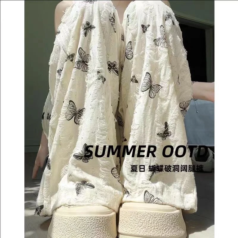 【大货清清】冰丝阔腿裤女夏季高腰垂感休闲蝴蝶印花破洞直筒裤