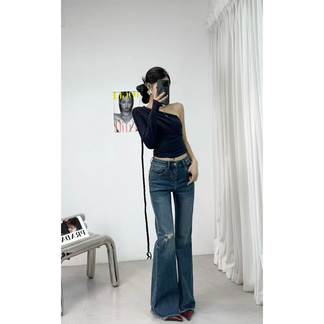 【七柒同款】微喇蓝色水洗破洞磨毛牛仔裤中高腰千金感