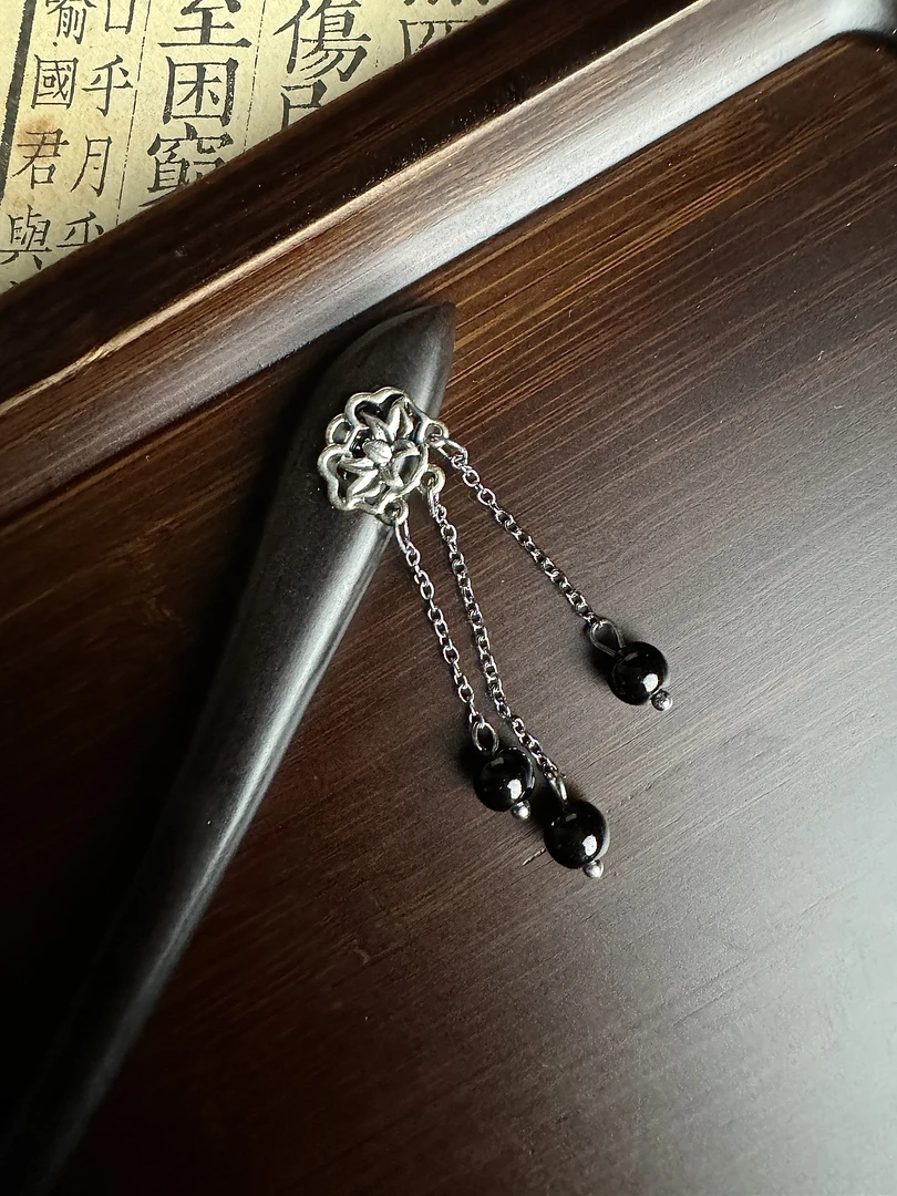 新中式仿苗短流苏檀木发簪古风配饰a1603