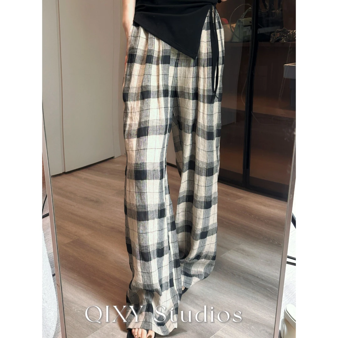 Qixiaoyao 夏季新款小众设计师感老钱风格子休闲裤#Q8918