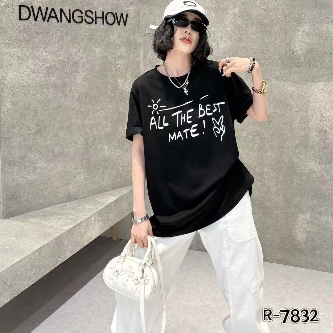 特大码2025春夏新款字母印花短袖T恤女大码宽松休闲百搭上衣潮酷