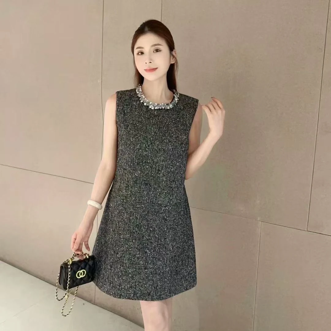 气质千金亮片钉珠小香风背心连衣裙女2025春夏新款法式百搭短裙