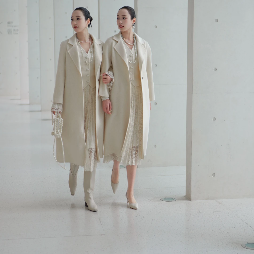 【白月光】素色双面呢羊毛长大衣四件套（大衣蕾丝裙子马甲）