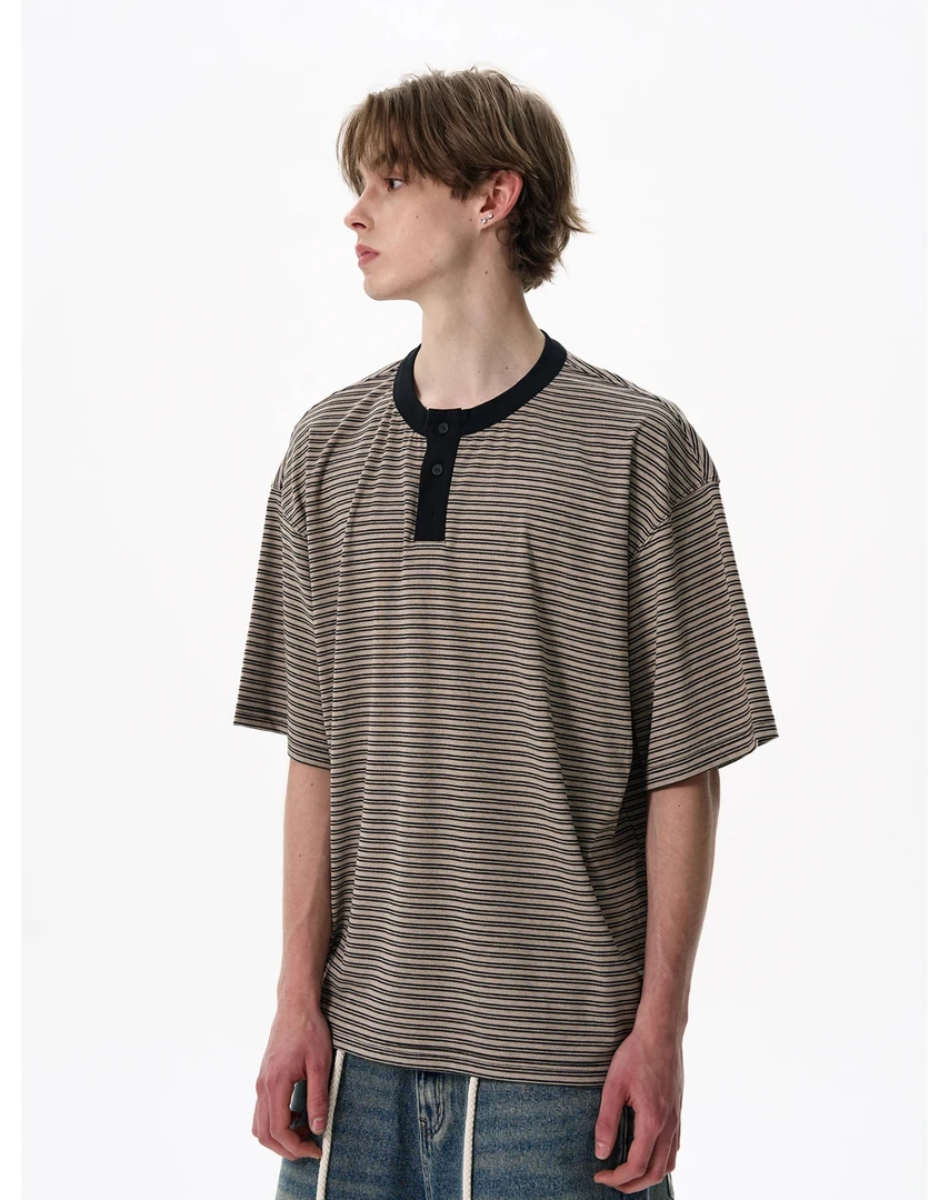 1030【王德发】亨利领夏季条纹休闲短袖撞色T恤时尚潮流休闲风潮牌