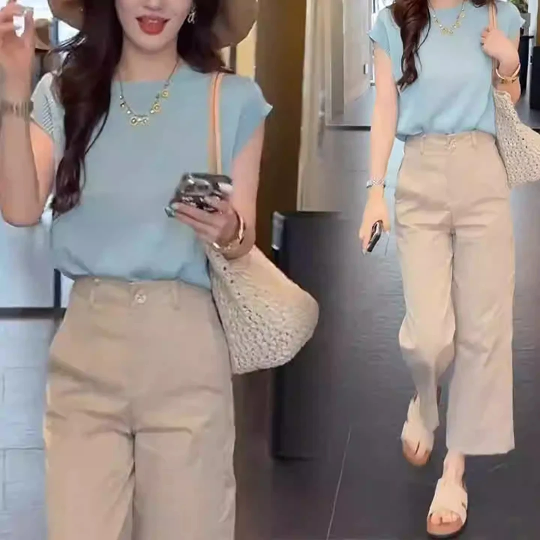 时尚套装女夏新款洋气显瘦冰丝针织衫短袖T恤高腰阔腿裤两件套潮