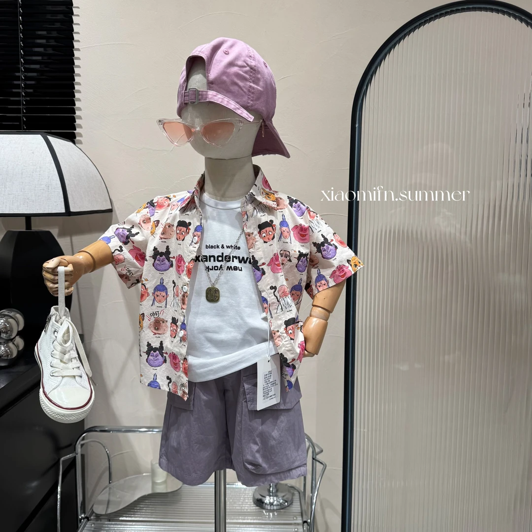 现货〃2025夏套新款衬衫短袖T恤短裤韩版男童新款洋气潮酷痞帅X820