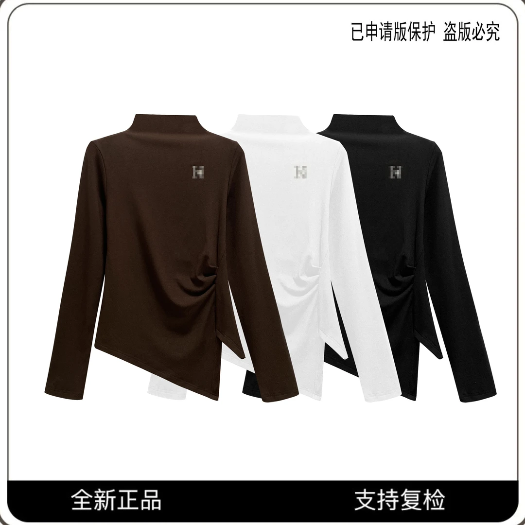 68530#CSIN时尚半高领烫钻不规则收腰T恤2025秋冬百搭显瘦上衣